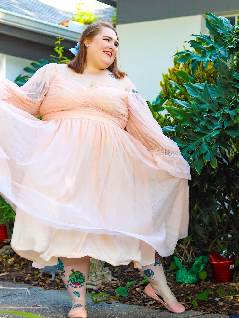Eloquii Peach Tulle Midi Dress with Draped Bodice